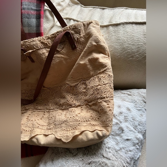 Free People Carmel Tan Lace Tote Bag Purse Boho Cottagecore Lagenlook - Picture 12 of 16